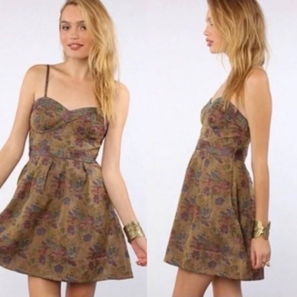 Free People Floral Mini Dress in Olive Brown with Purple and Pink Accents